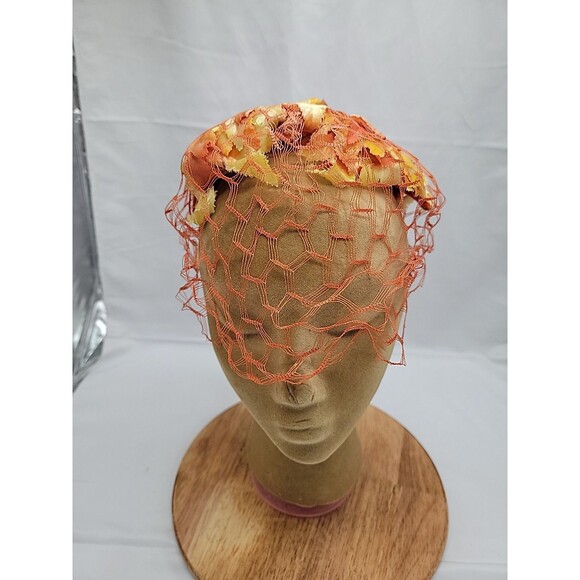 Womens Vintage 1950\'s Orange/Yellow Floral Velvet Hat main image 4